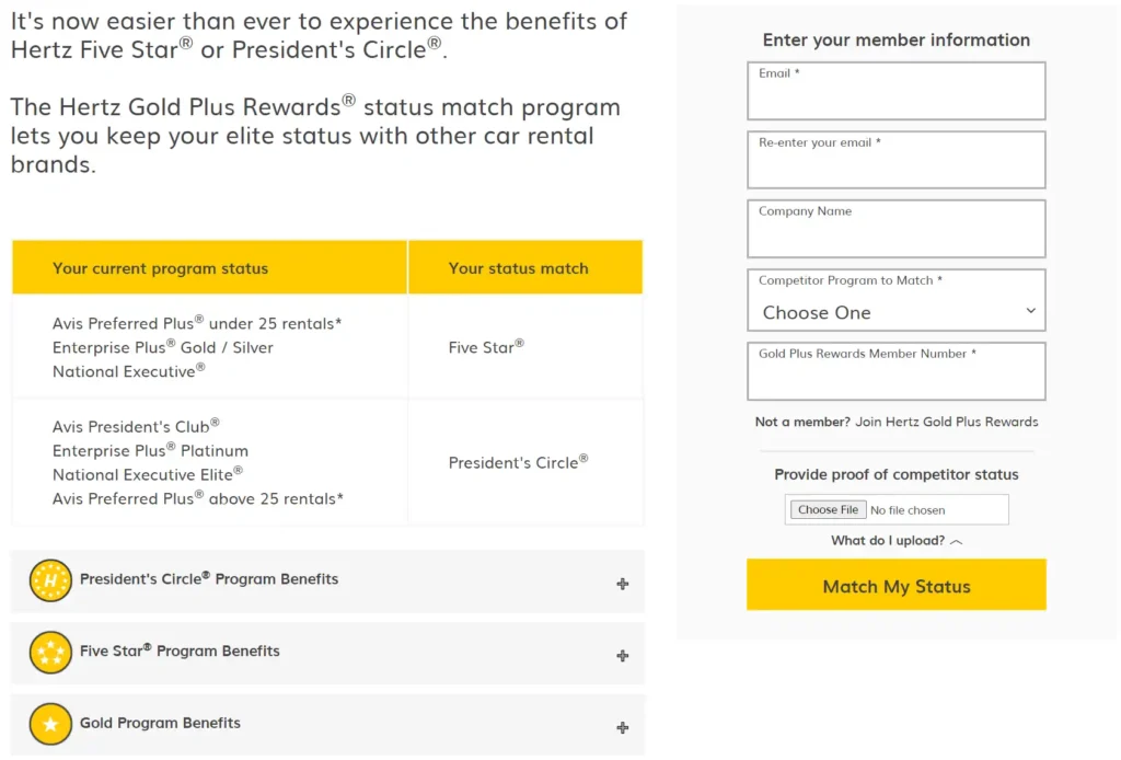 Hertz Car Rental Status Match Application
