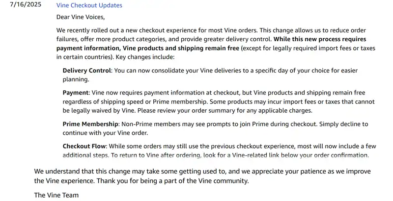 Amazon Vine New Checkout Process