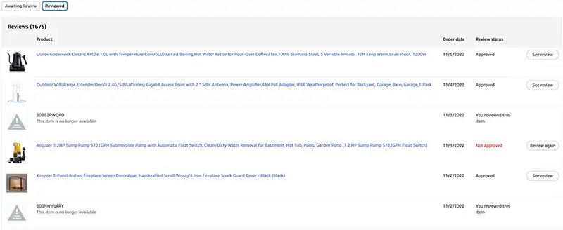 Amazon Vine Not Approved Reviews